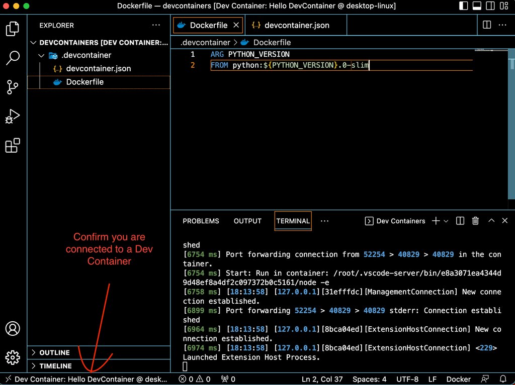 Succcessfully connected to Dev Container