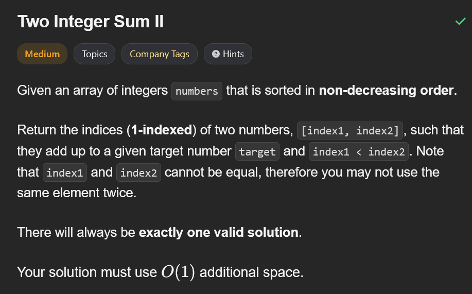 [Neetcode] Two Integer Sum II
